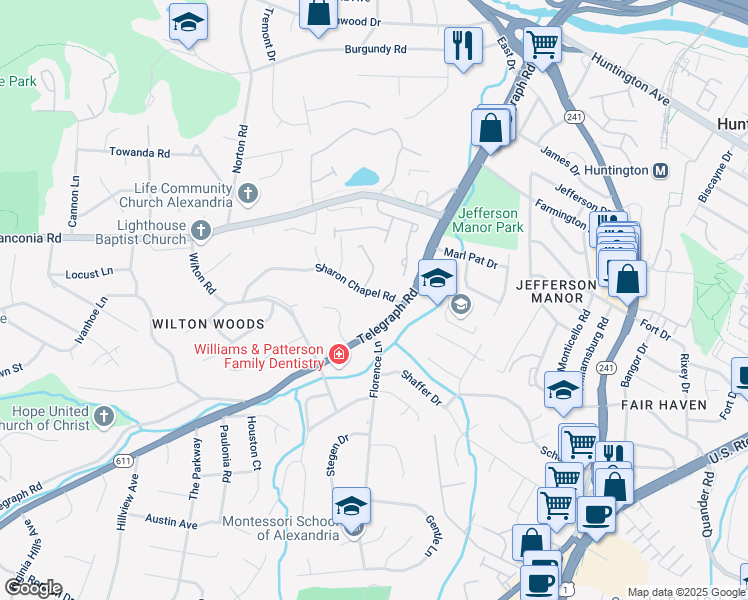 map of restaurants, bars, coffee shops, grocery stores, and more near 3301 Sharon Chapel Road in Alexandria