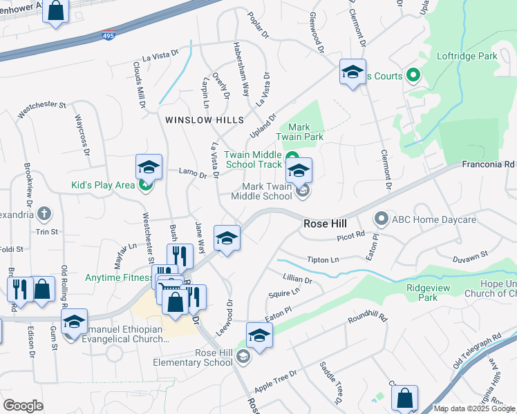 map of restaurants, bars, coffee shops, grocery stores, and more near 4804 Franconia Road in Alexandria
