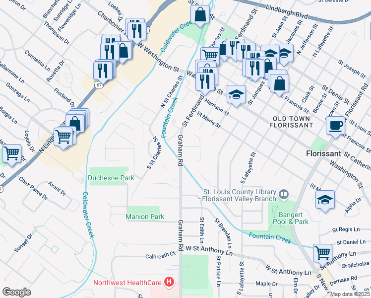 map of restaurants, bars, coffee shops, grocery stores, and more near 200 Graham Road in Florissant