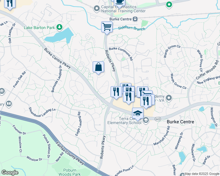 map of restaurants, bars, coffee shops, grocery stores, and more near 6048 Old Landing Way in Burke