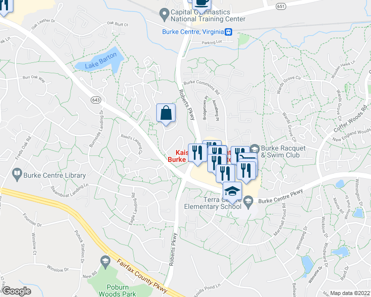 map of restaurants, bars, coffee shops, grocery stores, and more near 6048 Old Landing Way in Burke