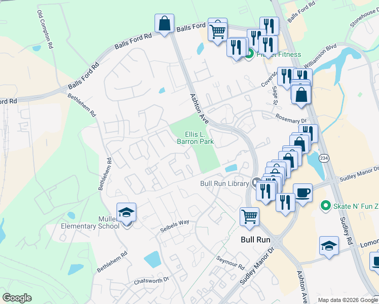 map of restaurants, bars, coffee shops, grocery stores, and more near 7895 Apache Ridge Court in Manassas