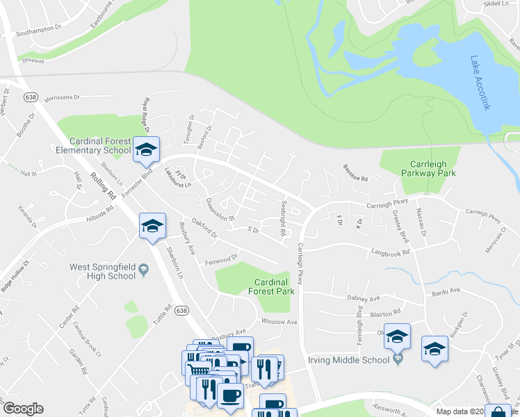 map of restaurants, bars, coffee shops, grocery stores, and more near 8321 Garfield Court in Springfield