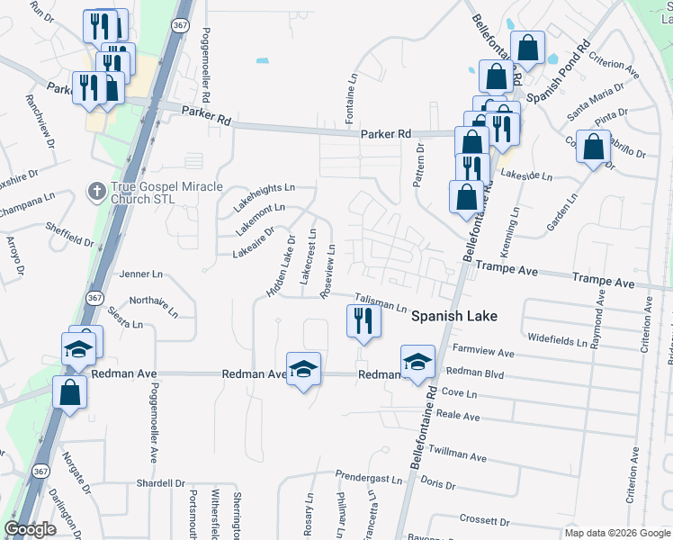 map of restaurants, bars, coffee shops, grocery stores, and more near 11943 Roseview Lane in St. Louis
