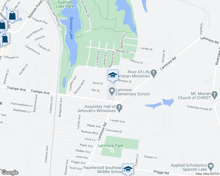 map of restaurants, bars, coffee shops, grocery stores, and more near 1025 Trampe Avenue in St. Louis