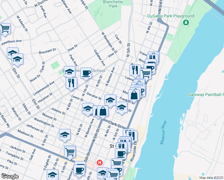 map of restaurants, bars, coffee shops, grocery stores, and more near 815 North 5th Street in Saint Charles