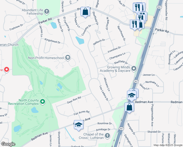 map of restaurants, bars, coffee shops, grocery stores, and more near 11775 El Camara Drive in Florissant