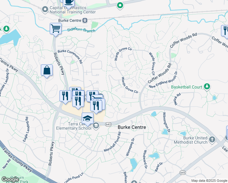 map of restaurants, bars, coffee shops, grocery stores, and more near 10143 Wood Green Way in Burke