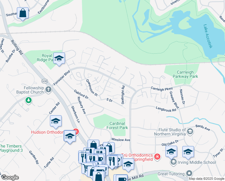 map of restaurants, bars, coffee shops, grocery stores, and more near 8321 Garfield Court in Springfield
