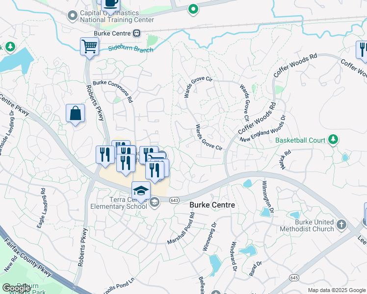 map of restaurants, bars, coffee shops, grocery stores, and more near 10143 Wood Green Way in Burke