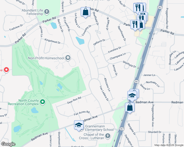 map of restaurants, bars, coffee shops, grocery stores, and more near 11775 El Camara Drive in Florissant