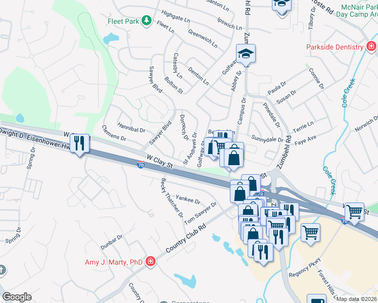 map of restaurants, bars, coffee shops, grocery stores, and more near 2088 Saint Andrews Drive in Saint Charles