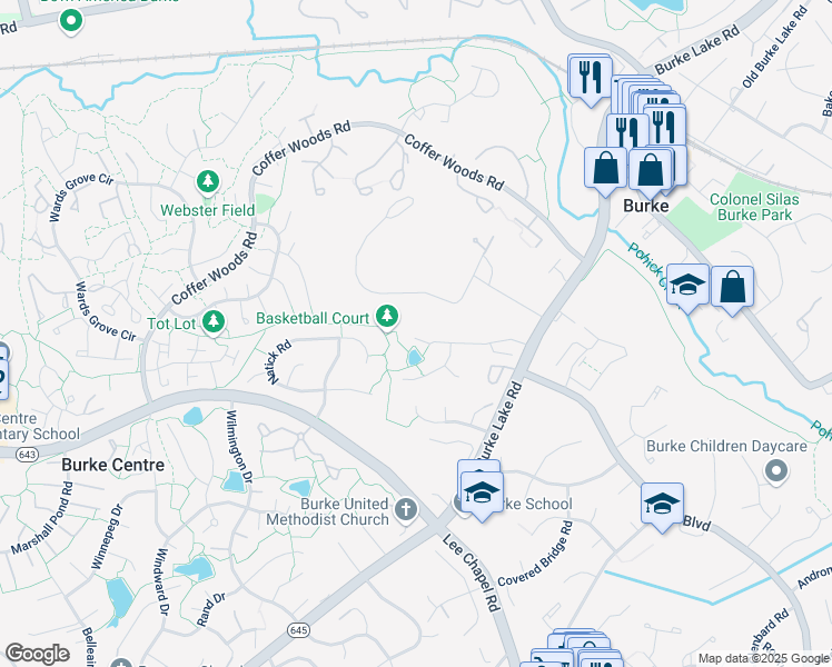 map of restaurants, bars, coffee shops, grocery stores, and more near 9638 Lincolnwood Drive in Burke