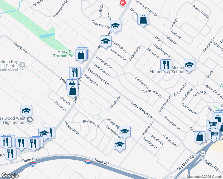 map of restaurants, bars, coffee shops, grocery stores, and more near 820 Lynn Haven Lane in Hazelwood