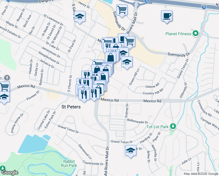 map of restaurants, bars, coffee shops, grocery stores, and more near 11 Sunnyfield Road in St. Peters