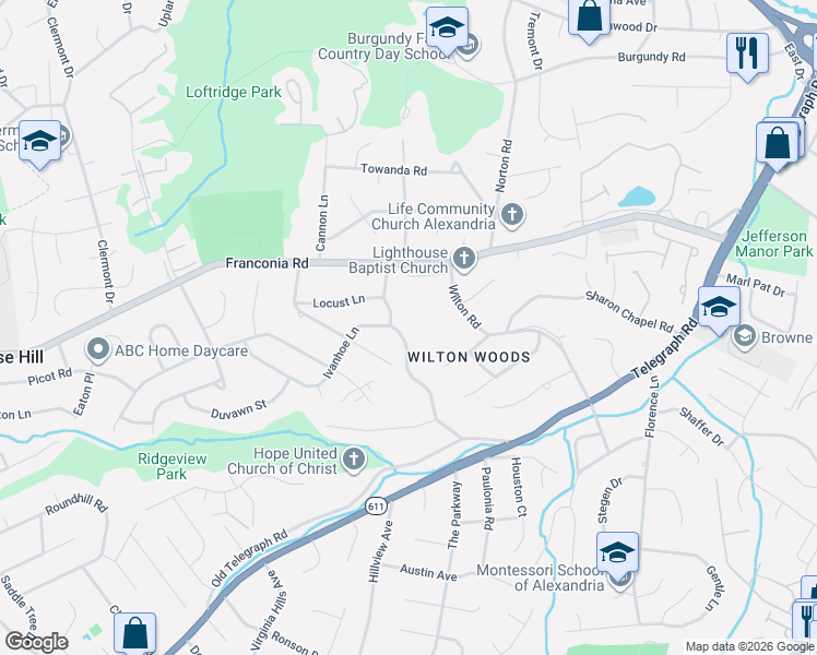 map of restaurants, bars, coffee shops, grocery stores, and more near 3804 Ivanhoe Lane in Alexandria