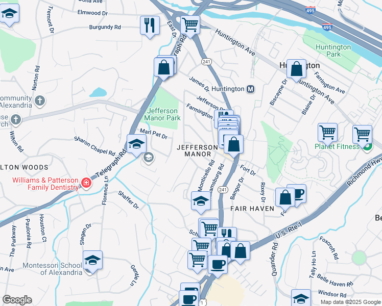 map of restaurants, bars, coffee shops, grocery stores, and more near 5915 Edgehill Drive in Alexandria