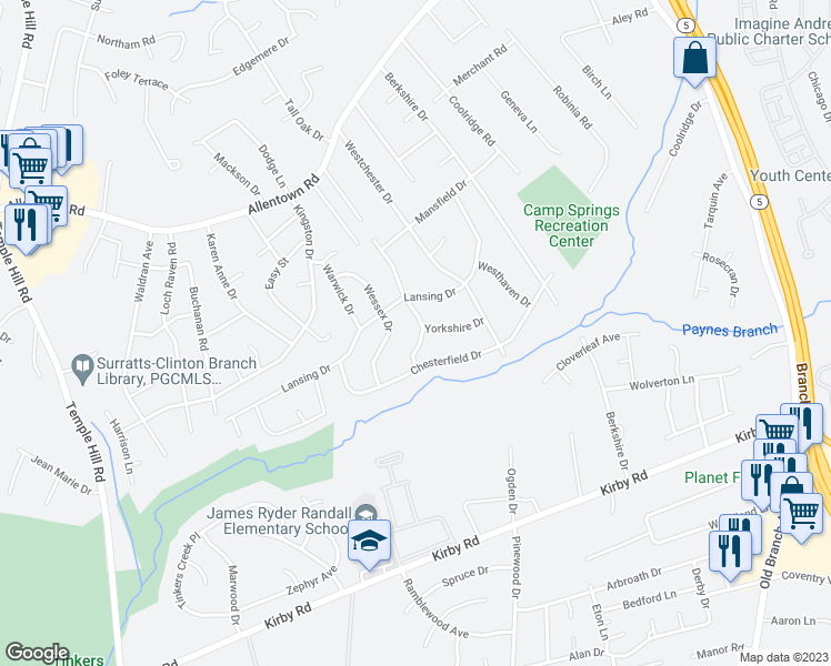 map of restaurants, bars, coffee shops, grocery stores, and more near 7301 Sheffield Drive in Temple Hills