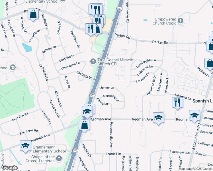 map of restaurants, bars, coffee shops, grocery stores, and more near 2047 Jenner Lane in St. Louis