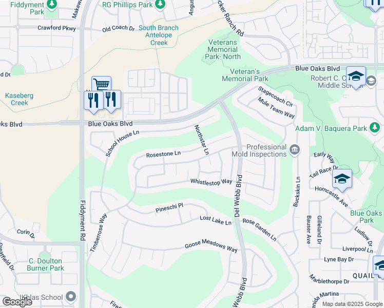 map of restaurants, bars, coffee shops, grocery stores, and more near 7800 Rosestone Lane in Roseville