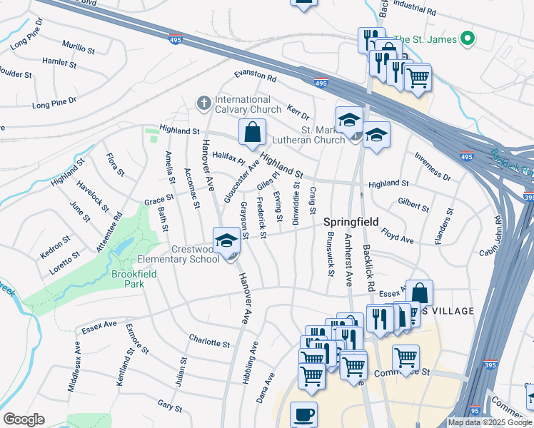 map of restaurants, bars, coffee shops, grocery stores, and more near 5911 Frederick Street in Springfield