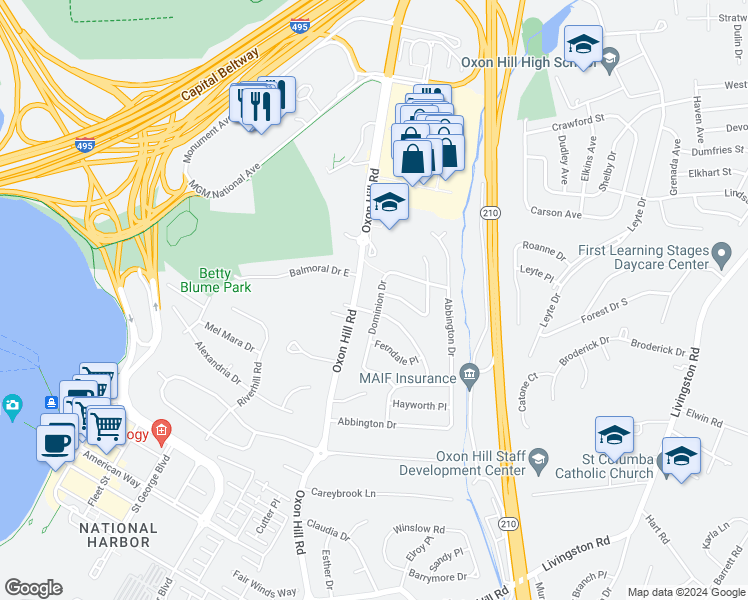 map of restaurants, bars, coffee shops, grocery stores, and more near 7233 Dominion Drive in Oxon Hill