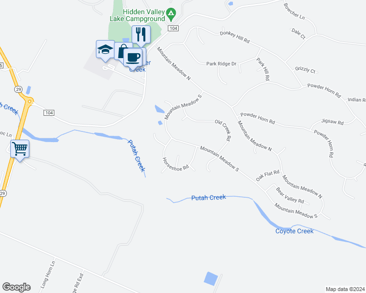 map of restaurants, bars, coffee shops, grocery stores, and more near 19491 Mountain Meadow South in Hidden Valley Lake
