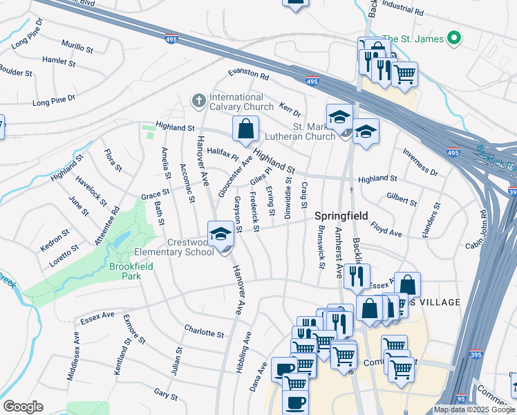 map of restaurants, bars, coffee shops, grocery stores, and more near 5911 Frederick Street in Springfield