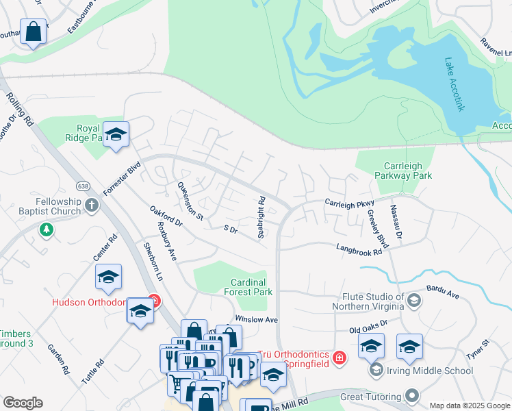 map of restaurants, bars, coffee shops, grocery stores, and more near 5934 Seabright Road in West Springfield