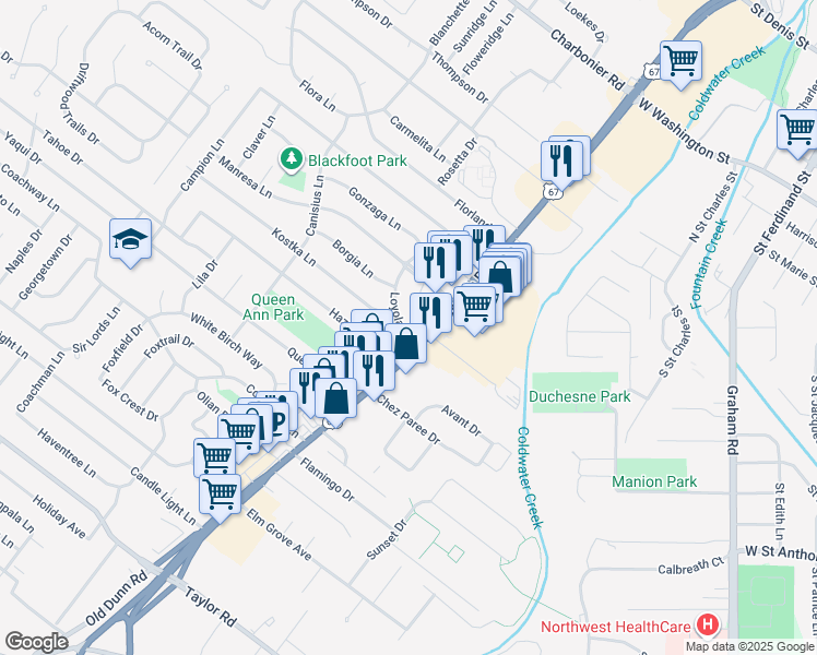 map of restaurants, bars, coffee shops, grocery stores, and more near 864 Loyola Drive in Florissant