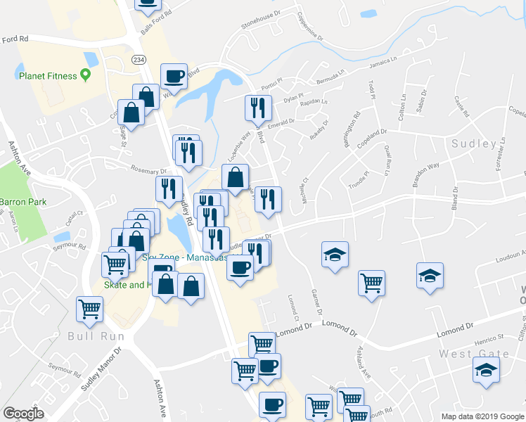 map of restaurants, bars, coffee shops, grocery stores, and more near 7666 Helmsdale Place in Manassas