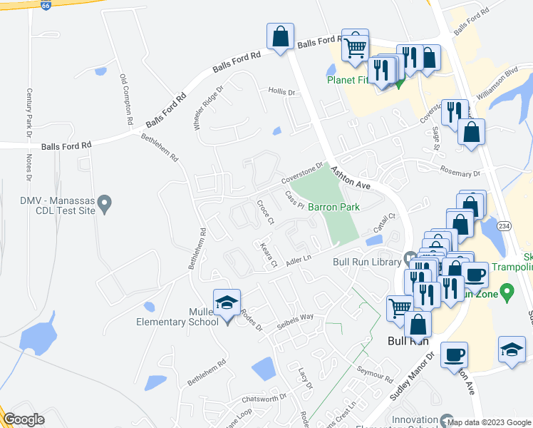 map of restaurants, bars, coffee shops, grocery stores, and more near 7601 Croce Court in Manassas