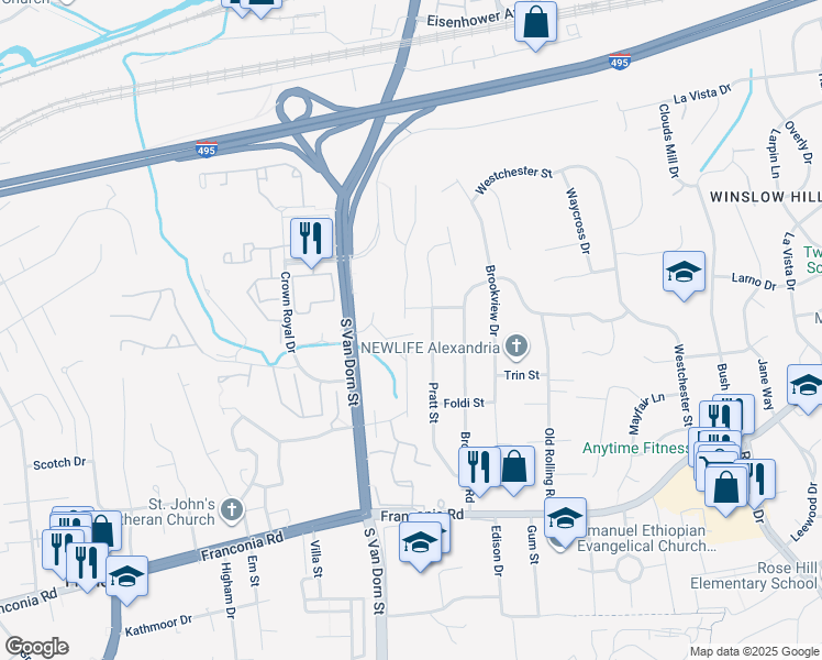 map of restaurants, bars, coffee shops, grocery stores, and more near 5802 Iron Willow Court in Alexandria