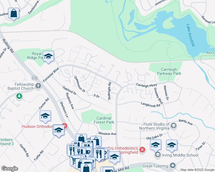 map of restaurants, bars, coffee shops, grocery stores, and more near 5934 Seabright Road in West Springfield