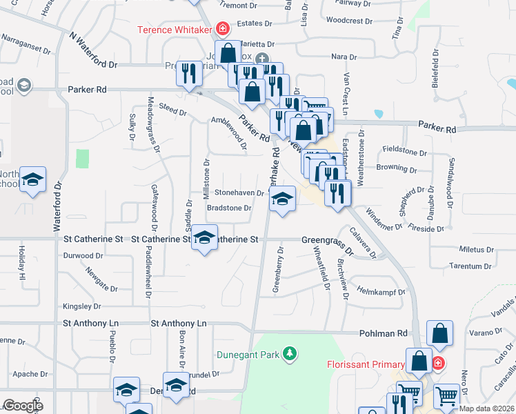 map of restaurants, bars, coffee shops, grocery stores, and more near 665 Brookstone Drive in Florissant