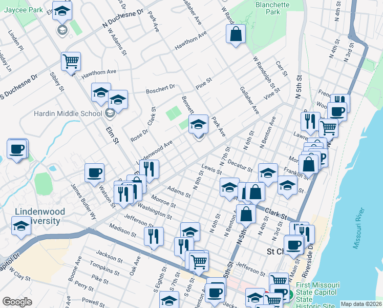 map of restaurants, bars, coffee shops, grocery stores, and more near 1600 Waverly Street in Saint Charles