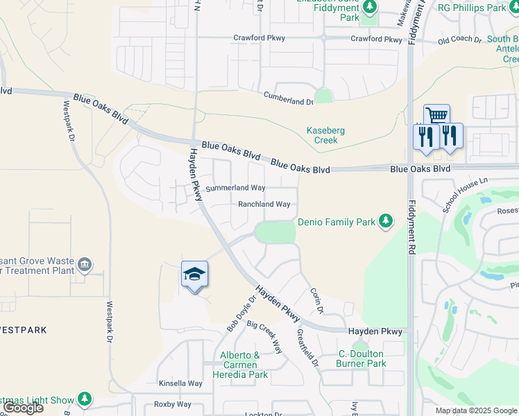 map of restaurants, bars, coffee shops, grocery stores, and more near 2549 Ranchland Way in Roseville