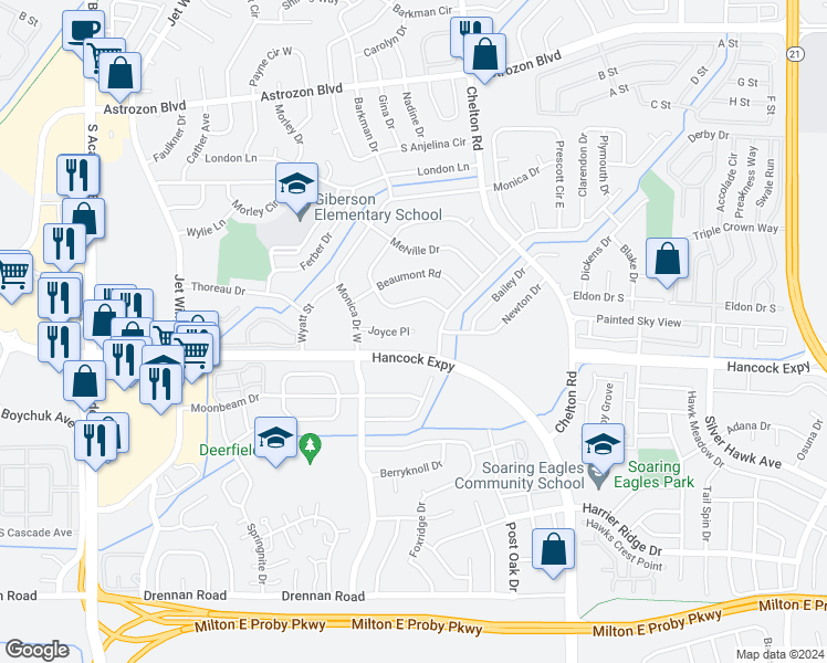 map of restaurants, bars, coffee shops, grocery stores, and more near 4478 Joyce Place in Colorado Springs