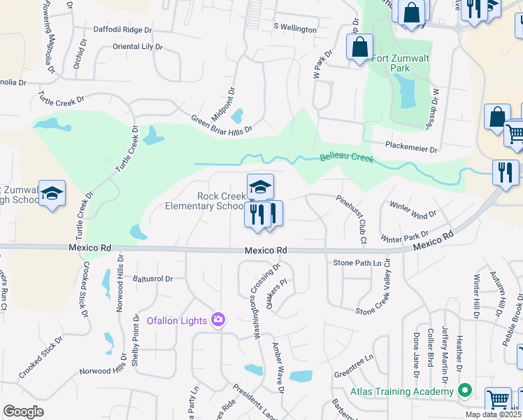 map of restaurants, bars, coffee shops, grocery stores, and more near 8970 Mexico Road in O'Fallon