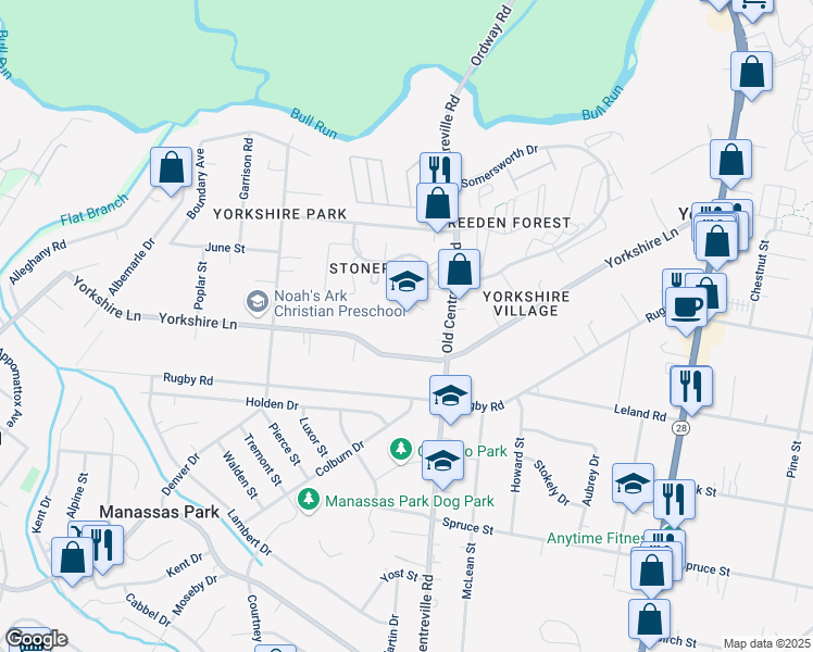 map of restaurants, bars, coffee shops, grocery stores, and more near 7610 Old Centreville Road in Manassas