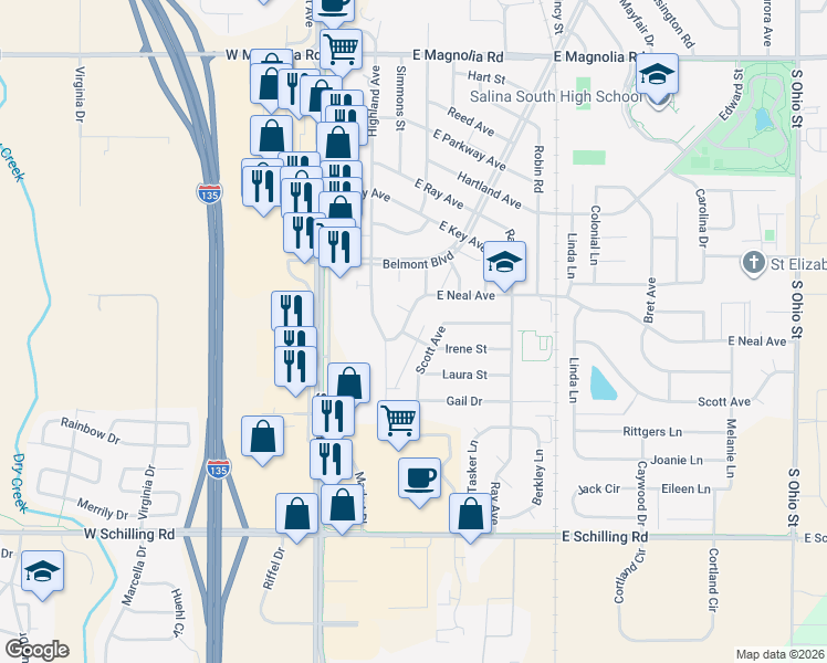 map of restaurants, bars, coffee shops, grocery stores, and more near 100-114 West Neal Avenue in Salina