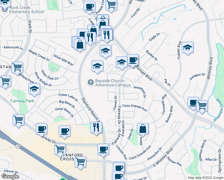 map of restaurants, bars, coffee shops, grocery stores, and more near 3411 Summerfield Drive in Rocklin