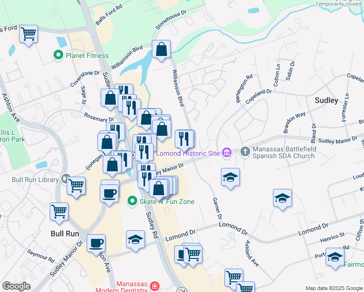 map of restaurants, bars, coffee shops, grocery stores, and more near 7670 Helmsdale Place in Manassas