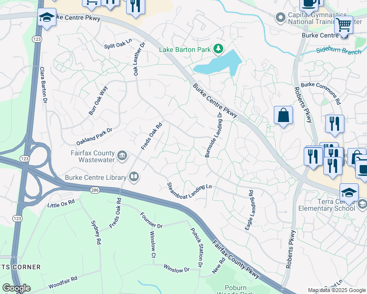 map of restaurants, bars, coffee shops, grocery stores, and more near 5925 Vernons Oak Court in Burke