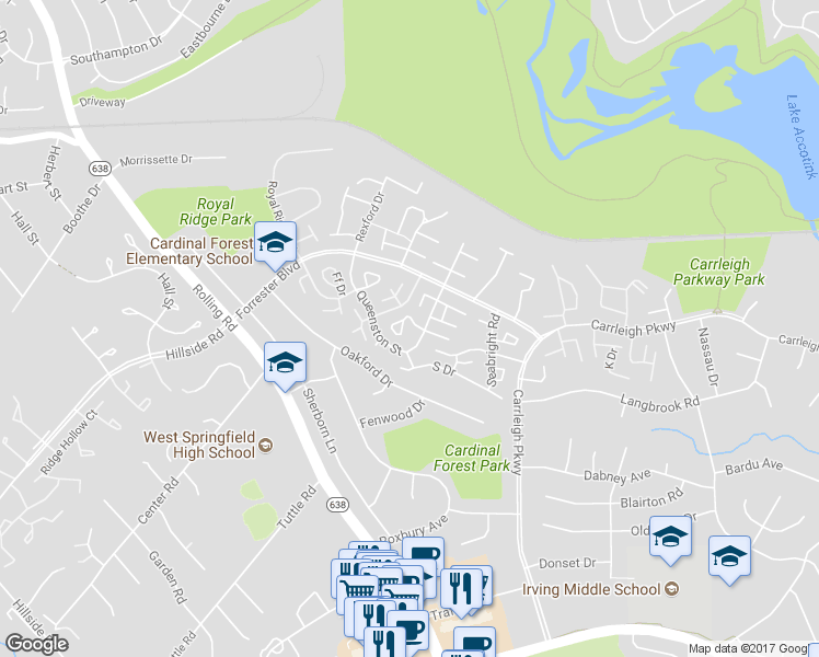 map of restaurants, bars, coffee shops, grocery stores, and more near 8405 Millbury Dr in Springfield