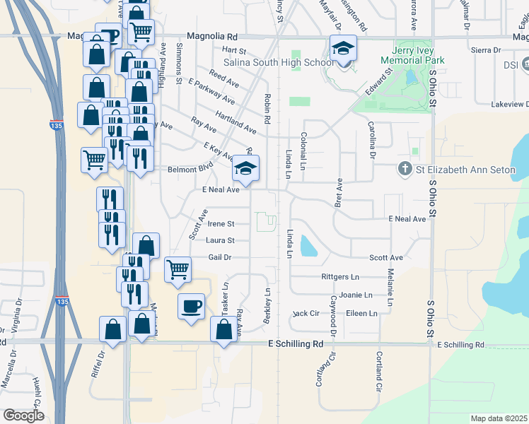 map of restaurants, bars, coffee shops, grocery stores, and more near 518 East Neal Avenue in Salina