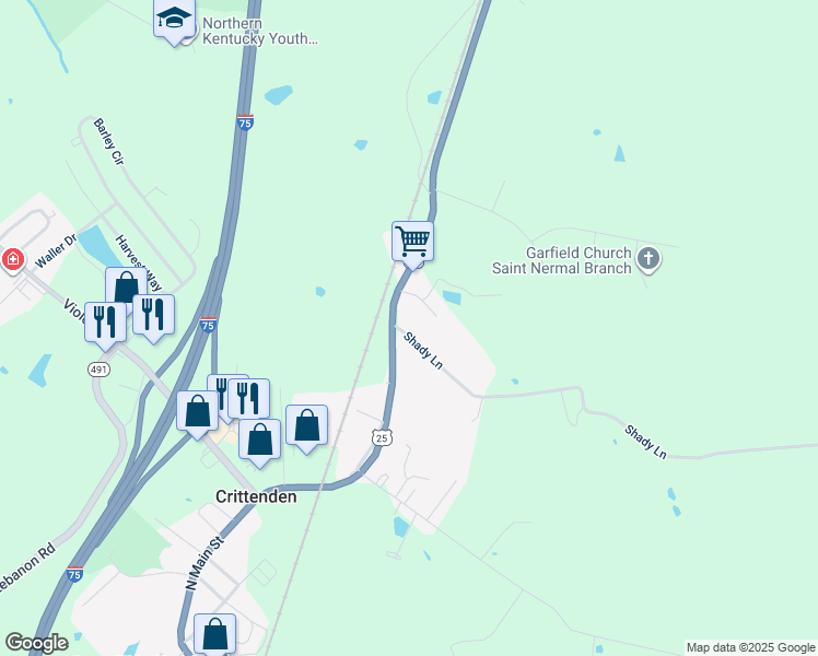 map of restaurants, bars, coffee shops, grocery stores, and more near 202 Shady Lane in Crittenden
