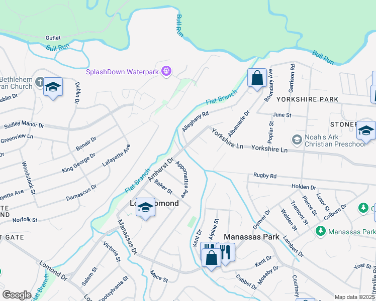 map of restaurants, bars, coffee shops, grocery stores, and more near 9211 Amelia Court in Manassas
