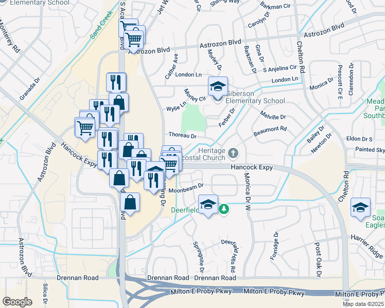 map of restaurants, bars, coffee shops, grocery stores, and more near 4218 Charleston Drive in Colorado Springs