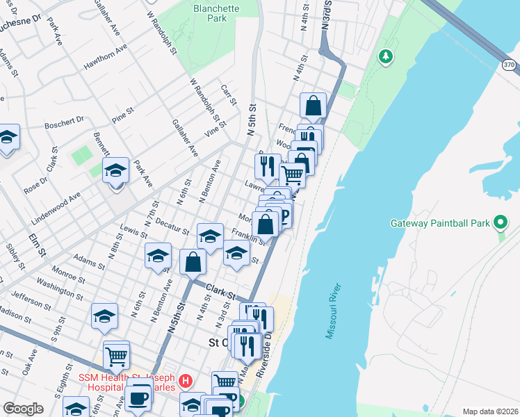 map of restaurants, bars, coffee shops, grocery stores, and more near 320 Montgomery Street in Saint Charles
